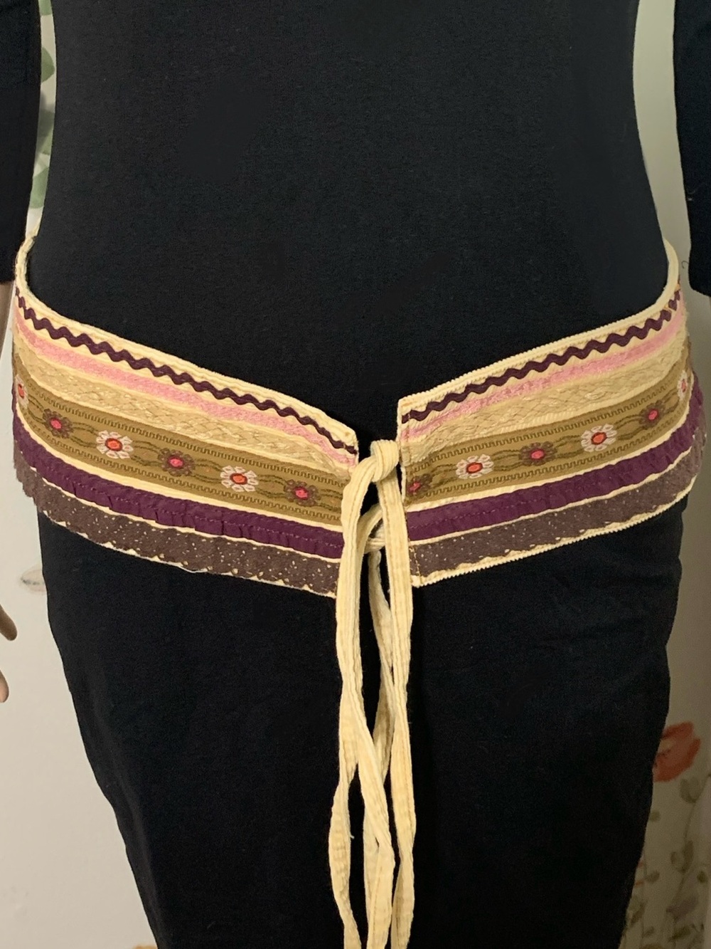 31-35 inch Vintage Boho Embroidered Corduroy Tie Belt with Tassel Ties